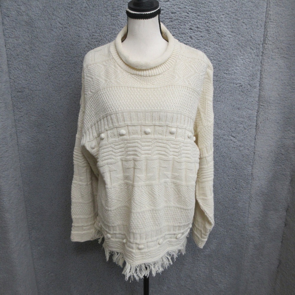 Vintage Coach + Camel Fringe Sweater Women L Cream Cottage Boho Chunky Roll Neck